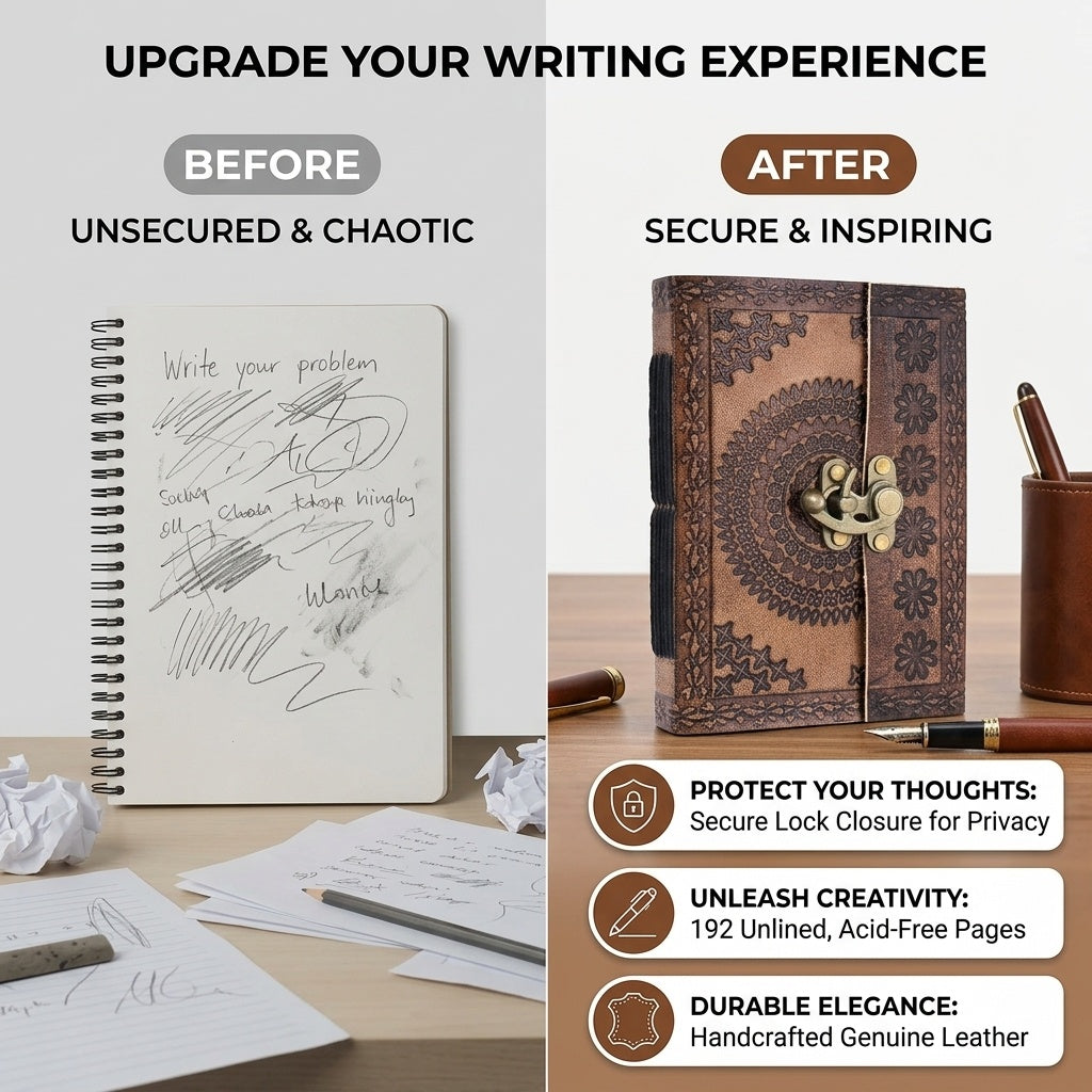STORE INDYA Handmade Leather Bound Journal with Lock - Vintage Travel Diary | 192 Eco-Friendly Pages | Refillable Writing Notebook for Men & Women | 7x5 Inch