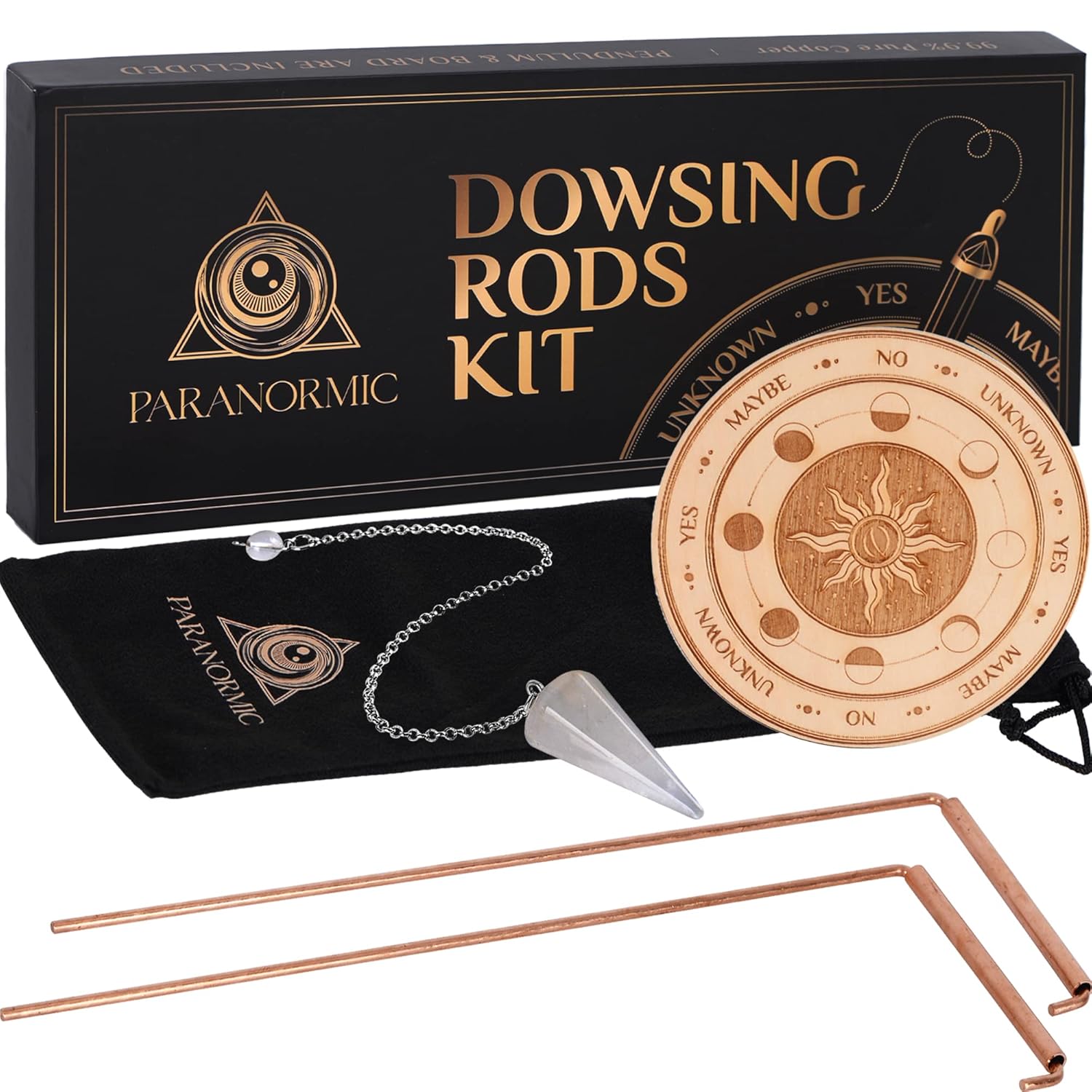 PARANORMIC Dowsing Rods Kit – 99.9% Pure Copper, Quartz Pendulum & Wooden Board