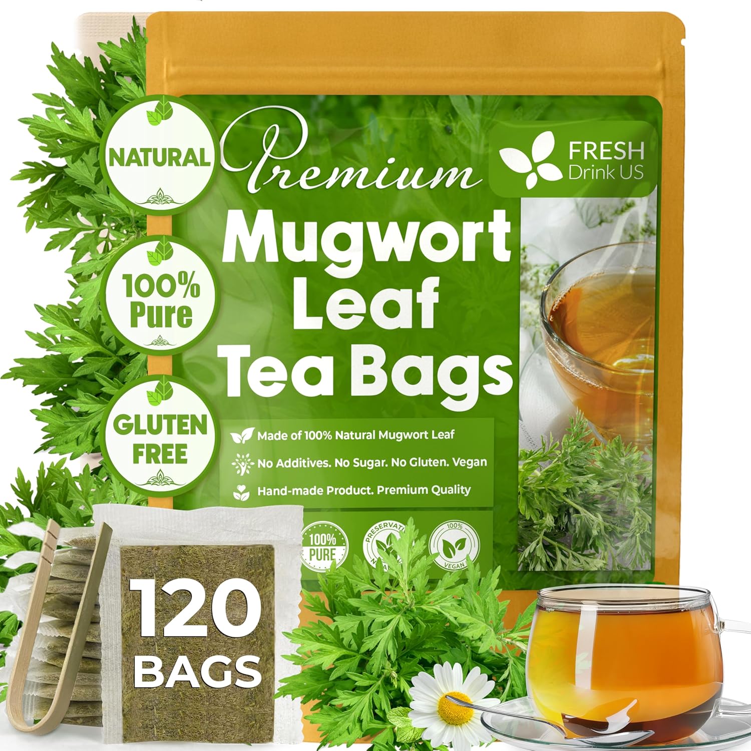 Mugwort Leaf Tea Bags, 100% Natural and Pure Mugwort Leaves, Loose Leaf Mugwort Herbal Tea, Mugwort Leaf Tea, No Sugar, No Caffeine, No Gluten, Vegan.