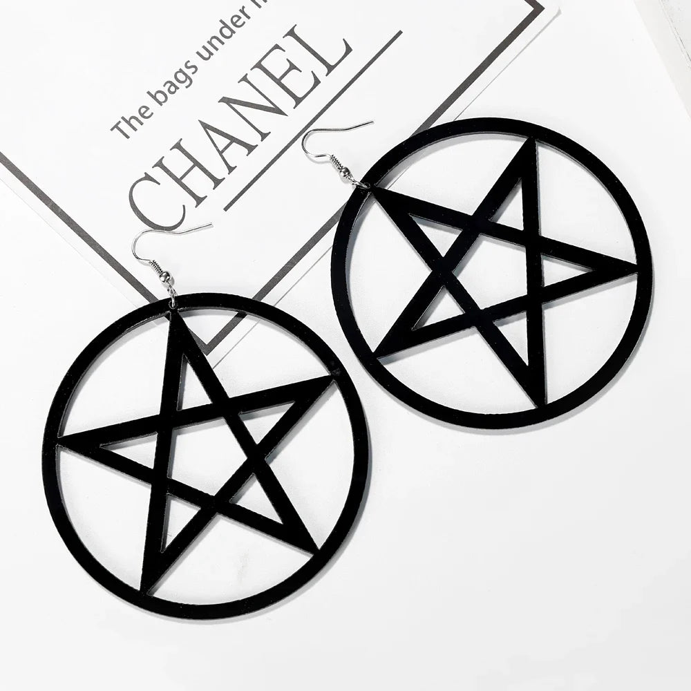 Large Black Pentacle Earrings