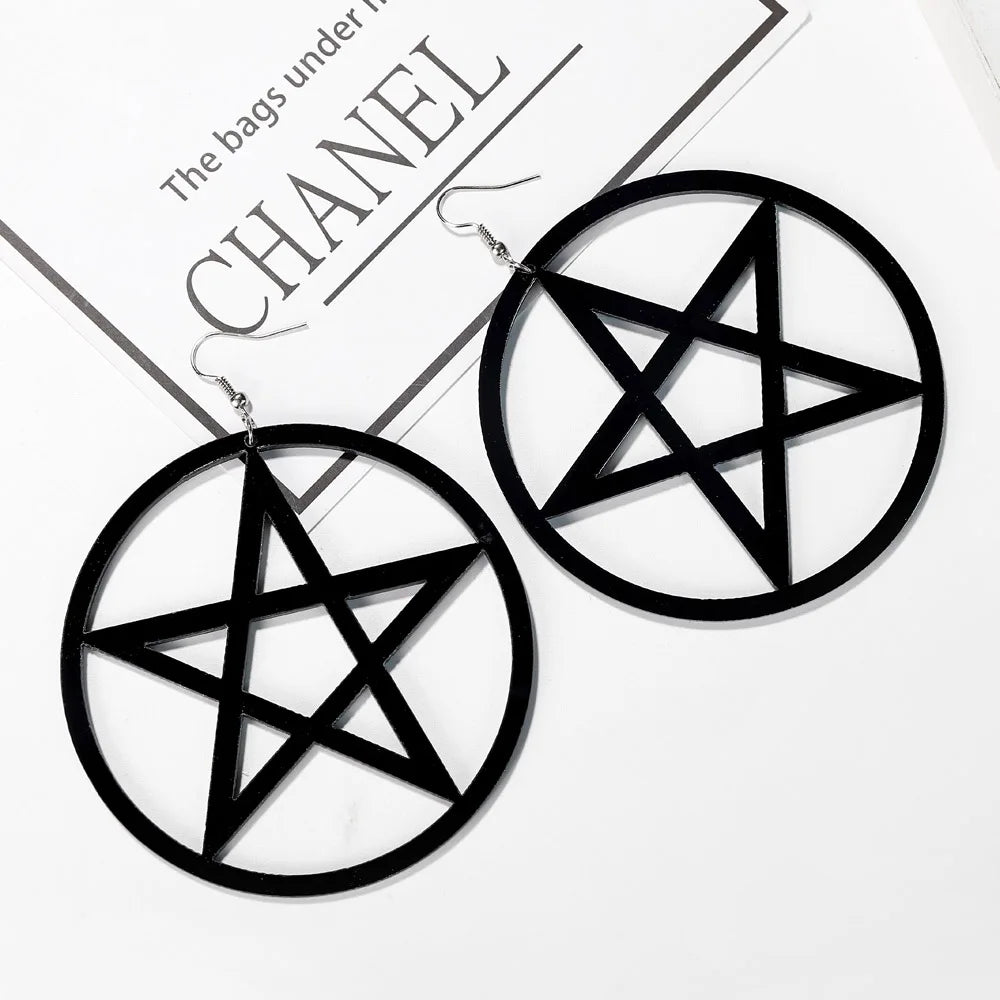 Large Black Pentacle Earrings