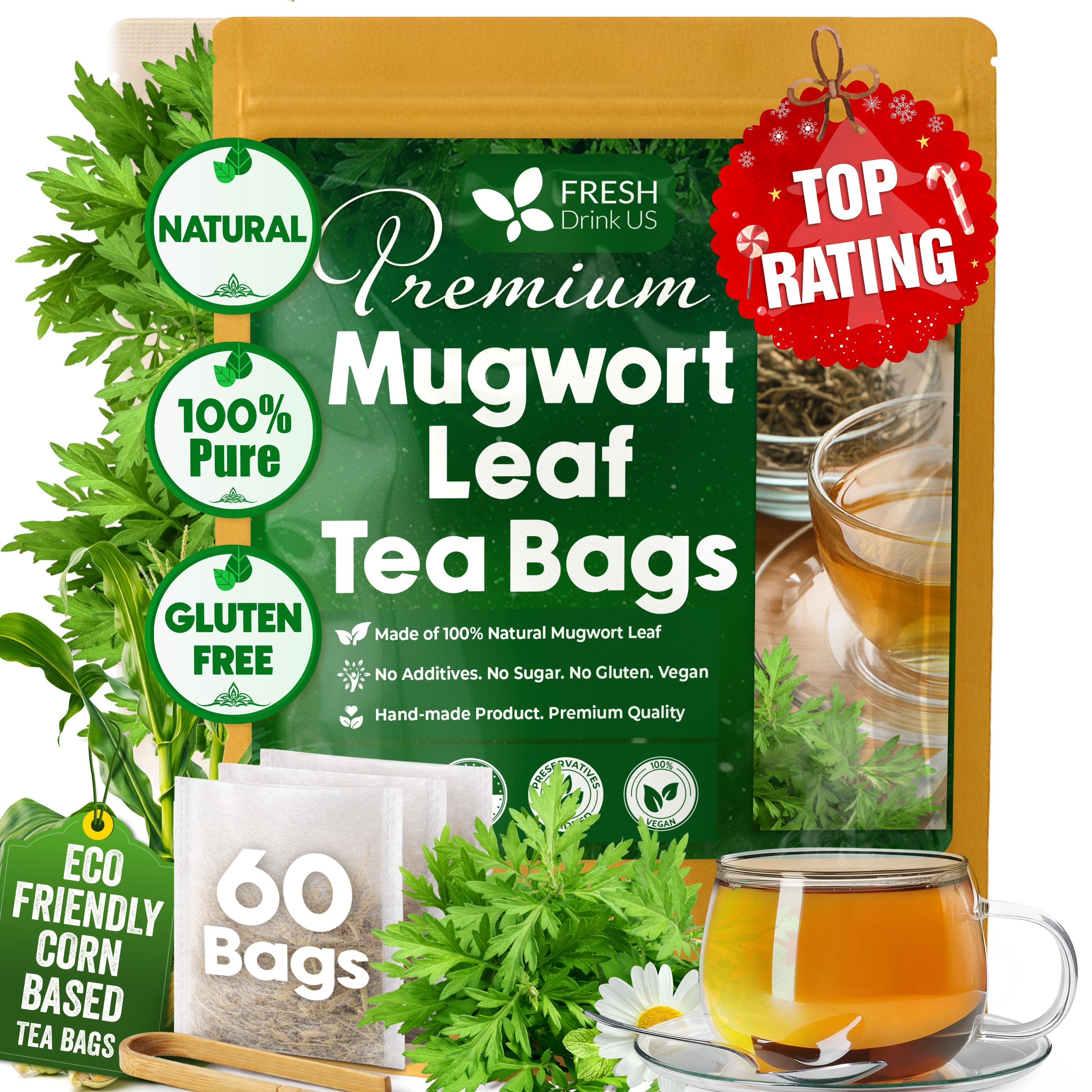 Mugwort Leaf Tea Bags, 100% Natural and Pure Mugwort Leaves, Loose Leaf Mugwort Herbal Tea, Mugwort Leaf Tea, No Sugar, No Caffeine, No Gluten, Vegan.