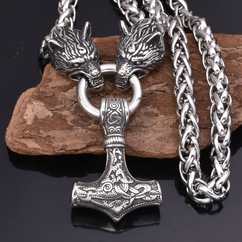 Men's Rune Hammer Wolf Head Punk Nordic Necklaces