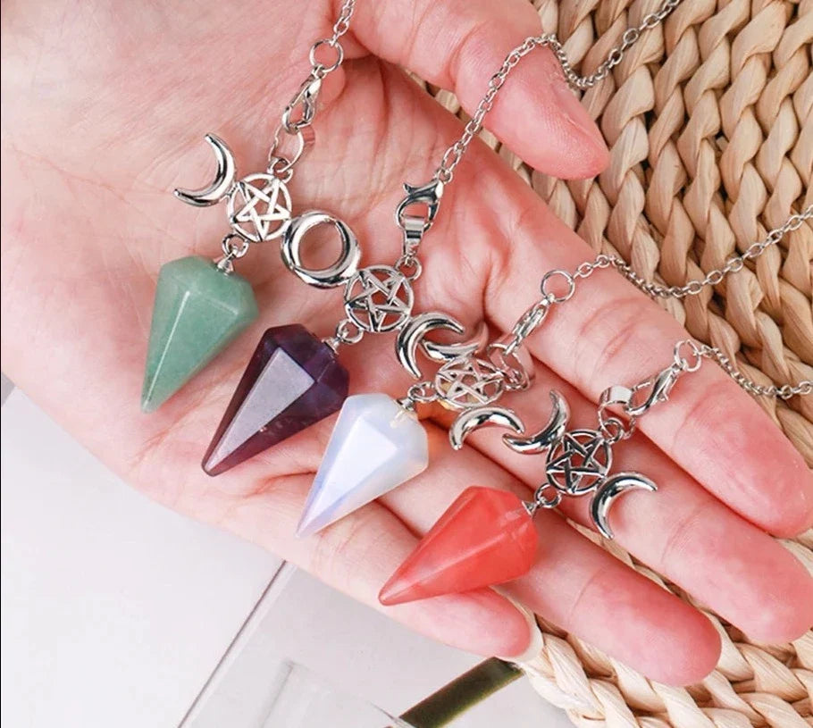 Triple Moon Pentacle Crystal Pendulums